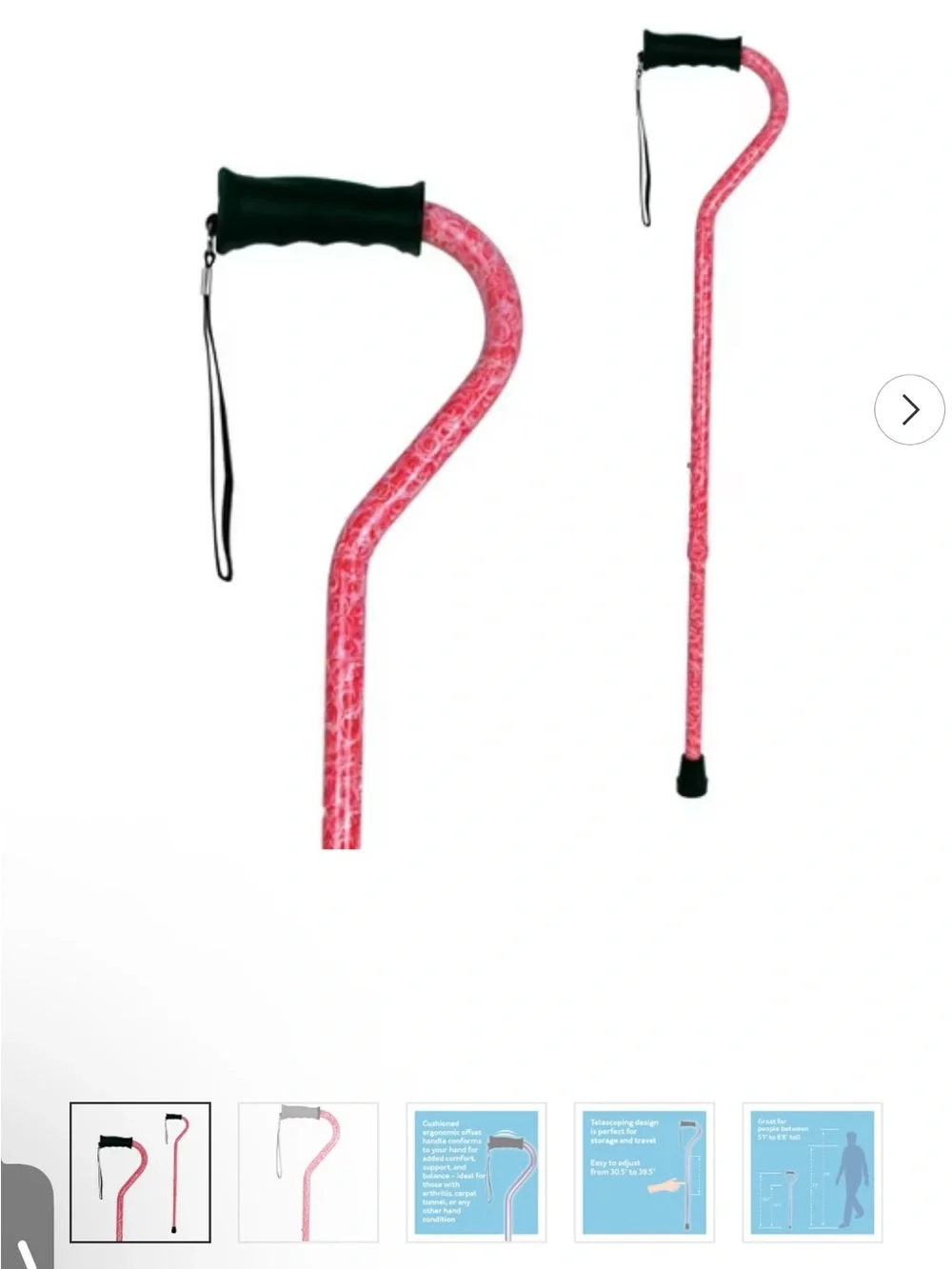 Women's Pink Patterned Support Cane with Black Comfort Grip